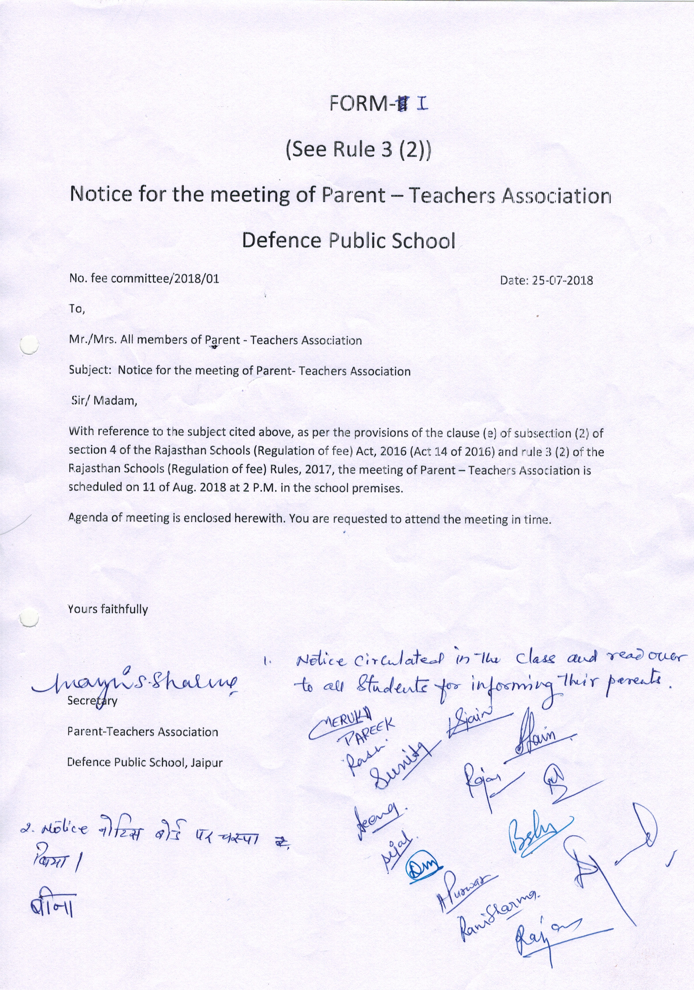 Notice for the Meeting of Parent Teacher Association – Defence Public